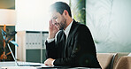 Businessman, headache and lawyer with stress on laptop in office for bad testimony, debt or mistake. Frustrated, tired man or attorney with migraine for difficult case or legal challenge in workplace