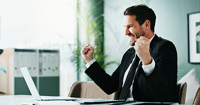 Buy stock photo Excited, laptop or business man with celebration for audit incentive, corporate promotion or success. Tech, accountant and fist pump in office for project bonus, salary increase email and achievement