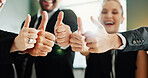 Hands, business people or team with thumbs up in office, goal achievement or agreement for winning. Collaboration, flare or corporate group with yes gesture for success, smile or approval feedback