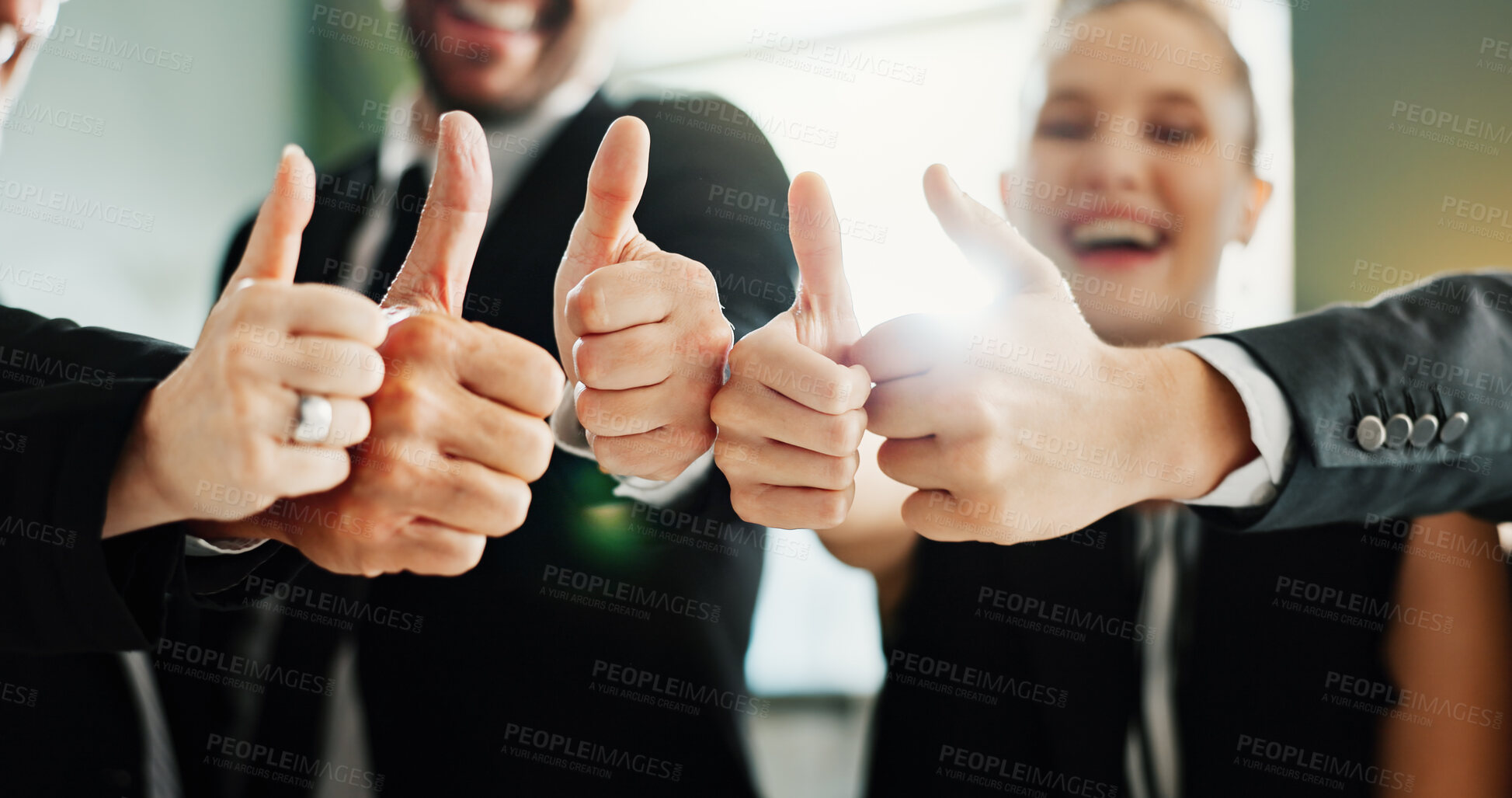 Buy stock photo Hands, business people or team with thumbs up in office, goal achievement or agreement for winning. Collaboration, flare or corporate group with yes gesture for success, smile or approval feedback