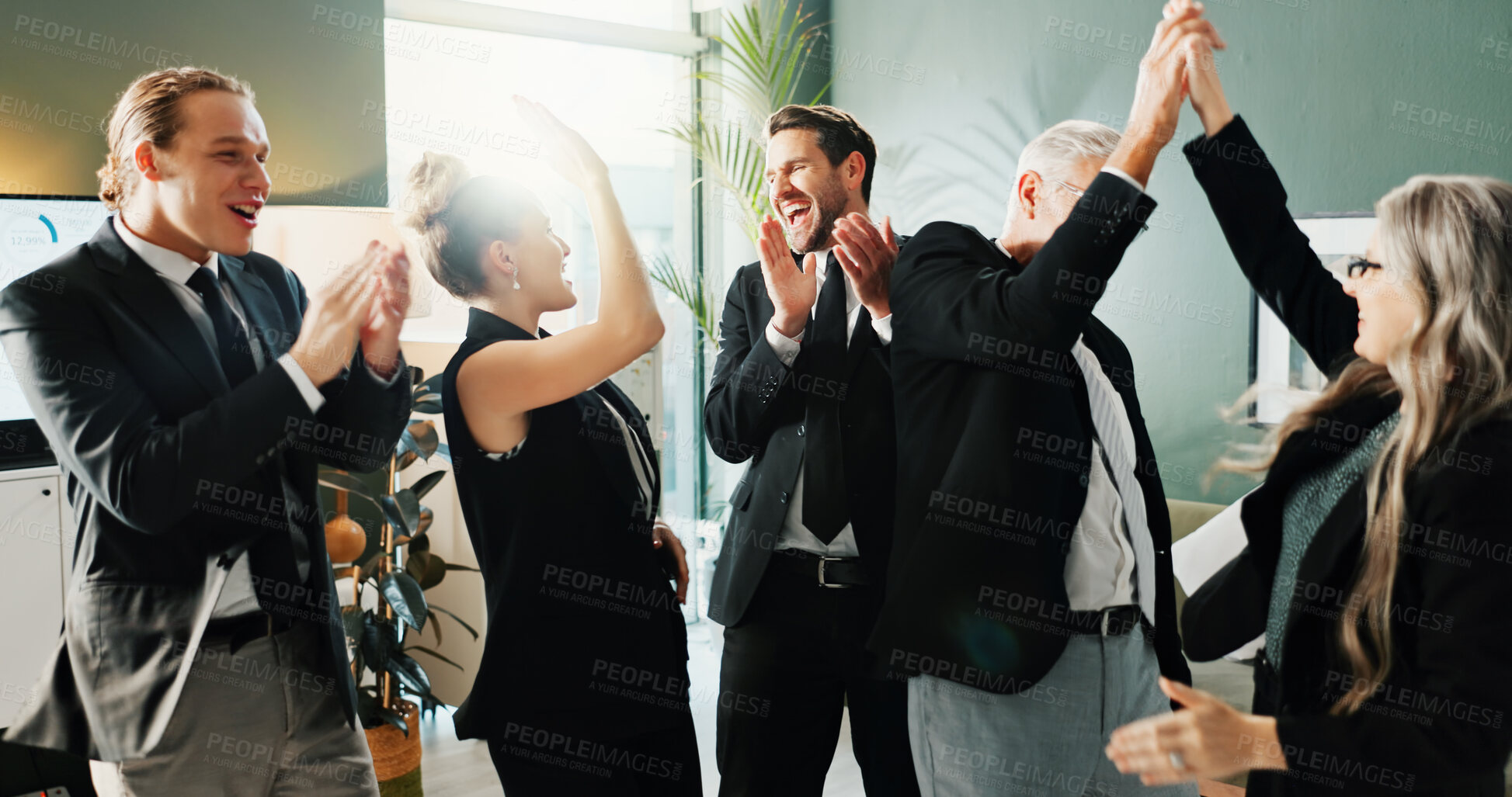 Buy stock photo Happy, high five or team in office with good news, celebration or approval of investment pitch. Collaboration, people or finance advisor with success, revenue growth or victory in funding opportunity