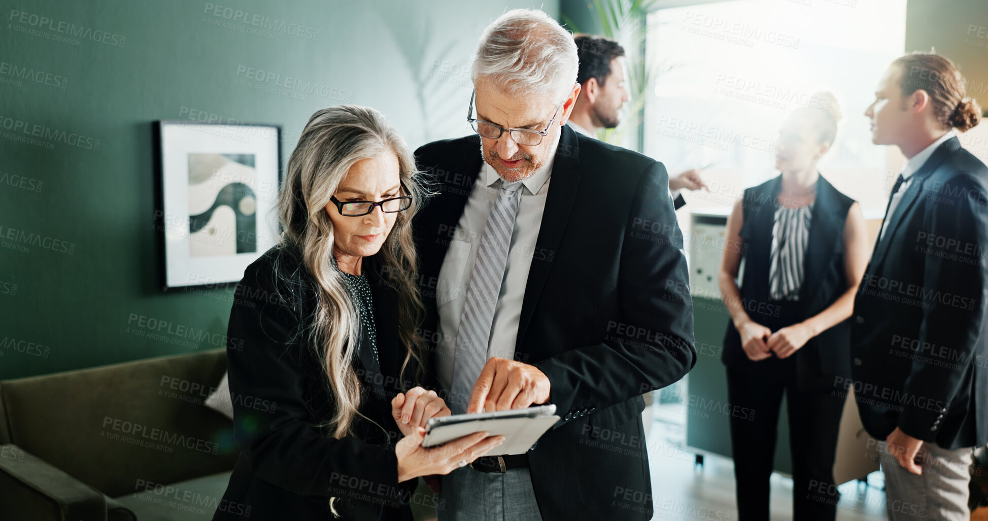 Buy stock photo Tablet, business people and team planning in company, investment advice or project feedback. Tech, manager and review in meeting for financial report, budget collaboration and help in discussion