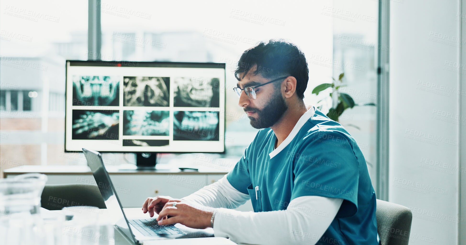 Buy stock photo Typing, doctor and man with laptop in office, surgery preparation and review for medical procedure. Research, operation planning and surgeon with pc for technique revision, clinic and patient record