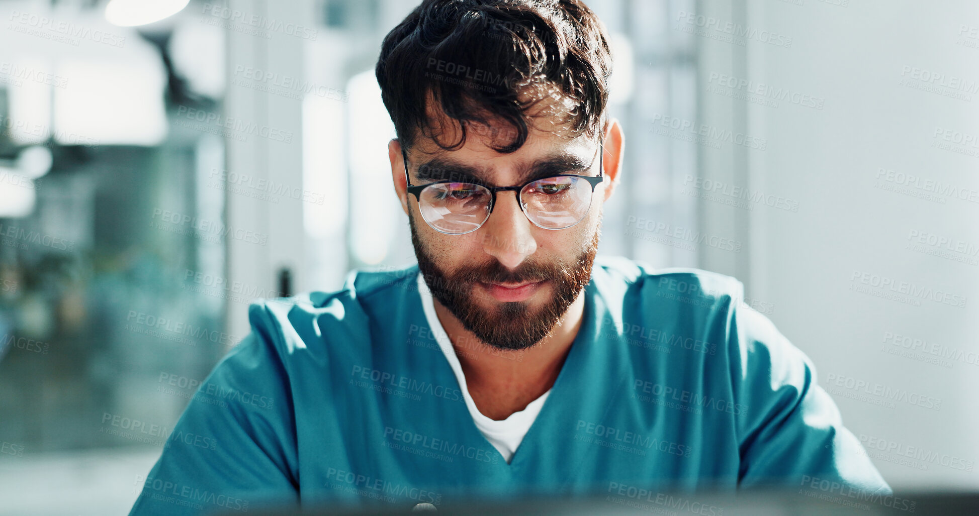 Buy stock photo Reading, doctor and man with laptop in office, surgery preparation and review for medical procedure. Research, operation planning and surgeon with pc for technique revision, clinic and patient record