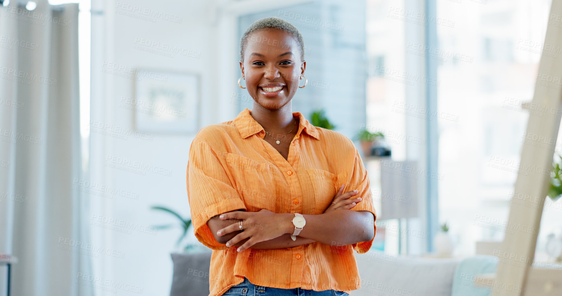 Buy stock photo Portrait, black woman and smile with arms crossed in house, relax and confident on peaceful weekend. Person, home and positive attitude for break in living room, morning and happiness in Nigeria