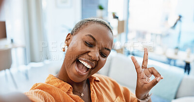 Buy stock photo Selfie, real estate and black woman in lounge, peace sign and excited for new house, moving in and goals. Rental apartment, gesture or person with content creation, achievement or property investment