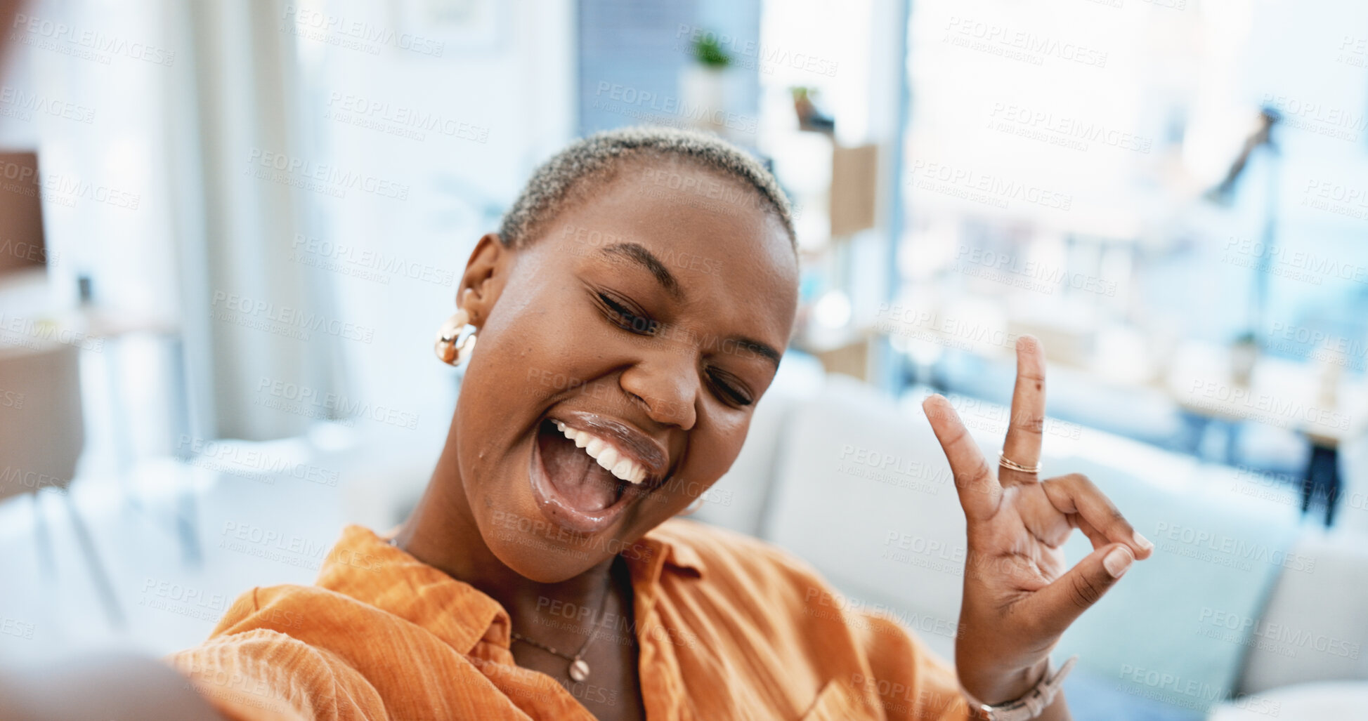 Buy stock photo Selfie, real estate and black woman in lounge, peace sign and excited for new house, moving in and goals. Rental apartment, gesture or person with content creation, achievement or property investment
