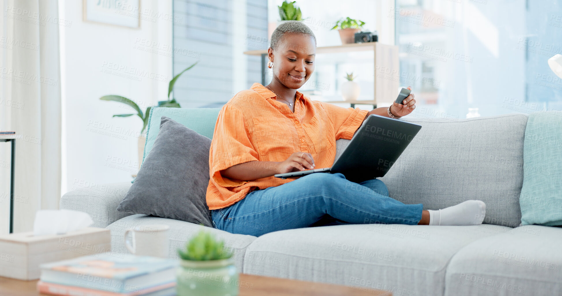 Buy stock photo Ecommerce, credit card or woman with laptop on sofa, digital payment or checkout discount on webshop. Online shopping, smile or black person with tech for banking transaction, website sale or home 