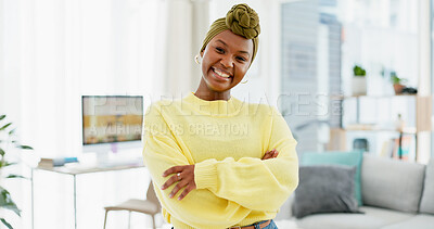 Buy stock photo Portrait, black woman and relax with arms crossed in house, smile and confident on peaceful weekend. Person, home and positive attitude for break in living room, morning and happiness in Nigeria
