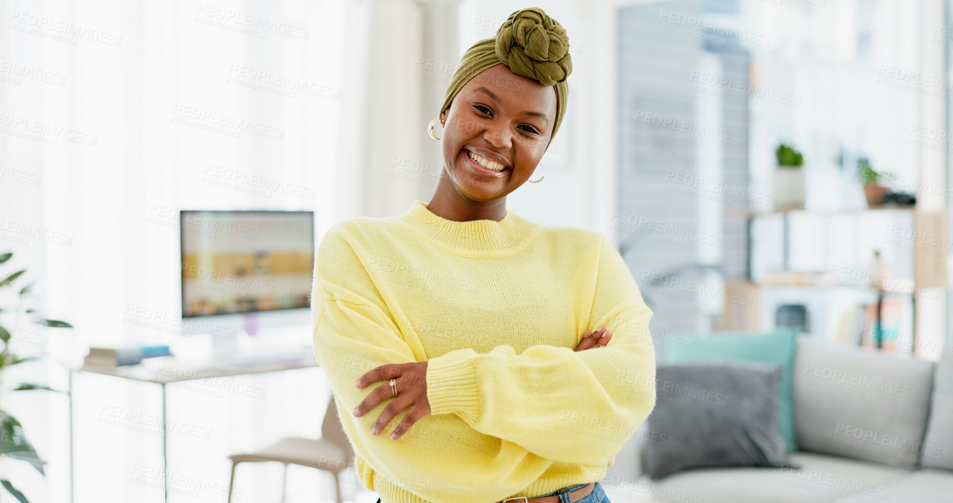 Buy stock photo Portrait, black woman and relax with arms crossed in house, smile and confident on peaceful weekend. Person, home and positive attitude for break in living room, morning and happiness in Nigeria