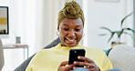 Reading, smile or woman with phone on couch, social media app or message notification for networking. Home, online chat or black person with mobile to upload status, browsing internet or blog post