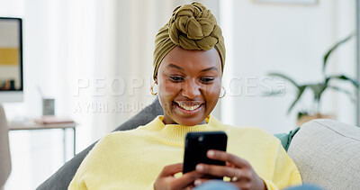 Buy stock photo Reading, smile or woman with phone on couch, social media app or message notification for networking. Home, online chat or black person with mobile to upload status, browsing internet or blog post
