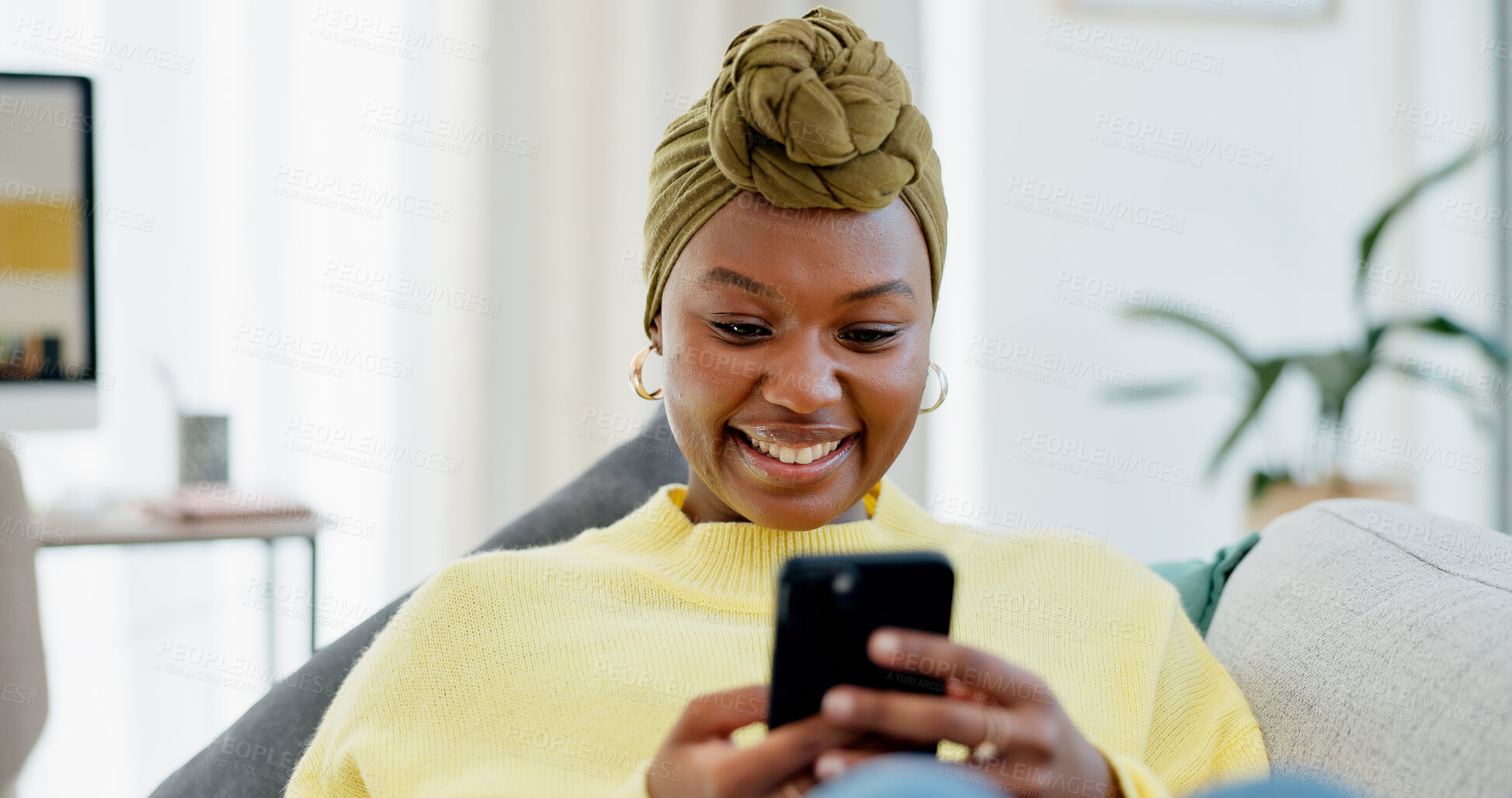 Buy stock photo Reading, smile or woman with phone on couch, social media app or message notification for networking. Home, online chat or black person with mobile to upload status, browsing internet or blog post