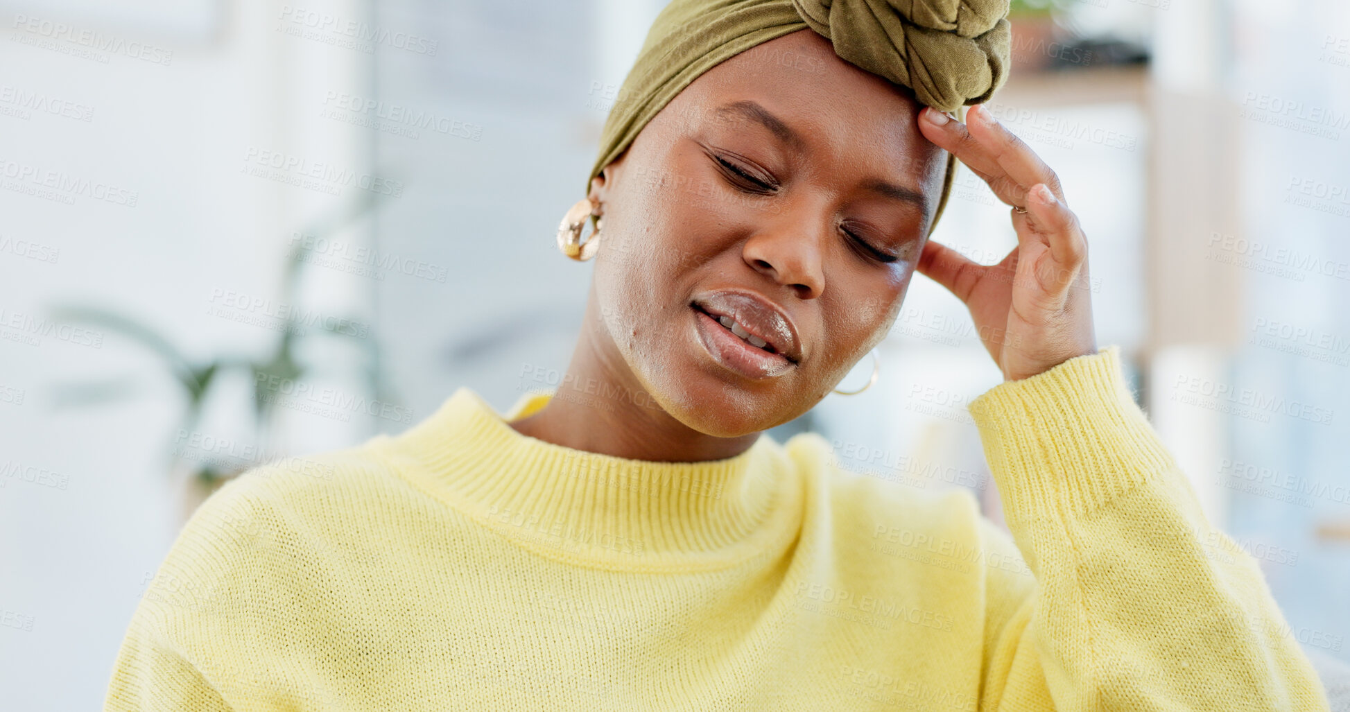 Buy stock photo Headache, pain and black woman in home, stress and health risk in living room. Apartment, brain fog and African person with migraine, pressure and tension with fatigue, dizzy and tired with burnout