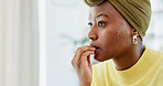 Space, stress and black woman biting nails in office for anxiety, concern or work pressure. Coping mechanism, nervous and worry with employee in creative workplace for deadline, fear or tension