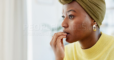 Buy stock photo Space, stress and black woman biting nails in home for anxiety, concern and mental pressure. Coping mechanism, nervous and worry with person in living room for fear, trauma memory and tension