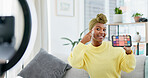 House, ring light or black woman with makeup palette, beauty influencer or recording for tutorial. Live stream, smile or content creator with cosmetics for teaching audience, tech or product review