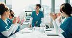 Applause, doctors or woman with presentation in boardroom, appreciation or medical resident training. Clap, recognition or surgeon with healthcare students for surgery workshop, praise or education