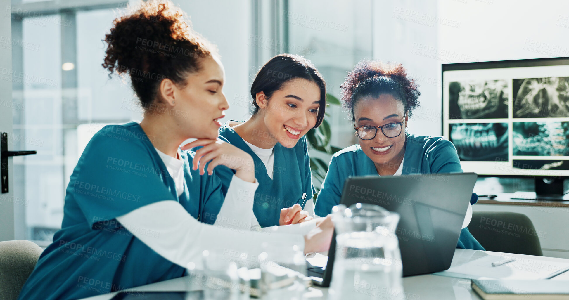 Buy stock photo Nurses, discussion or meeting in hospital with laptop, x ray or manager advice for medical research. Healthcare worker, women and happy in clinic with computer, scan or plan together for patient care