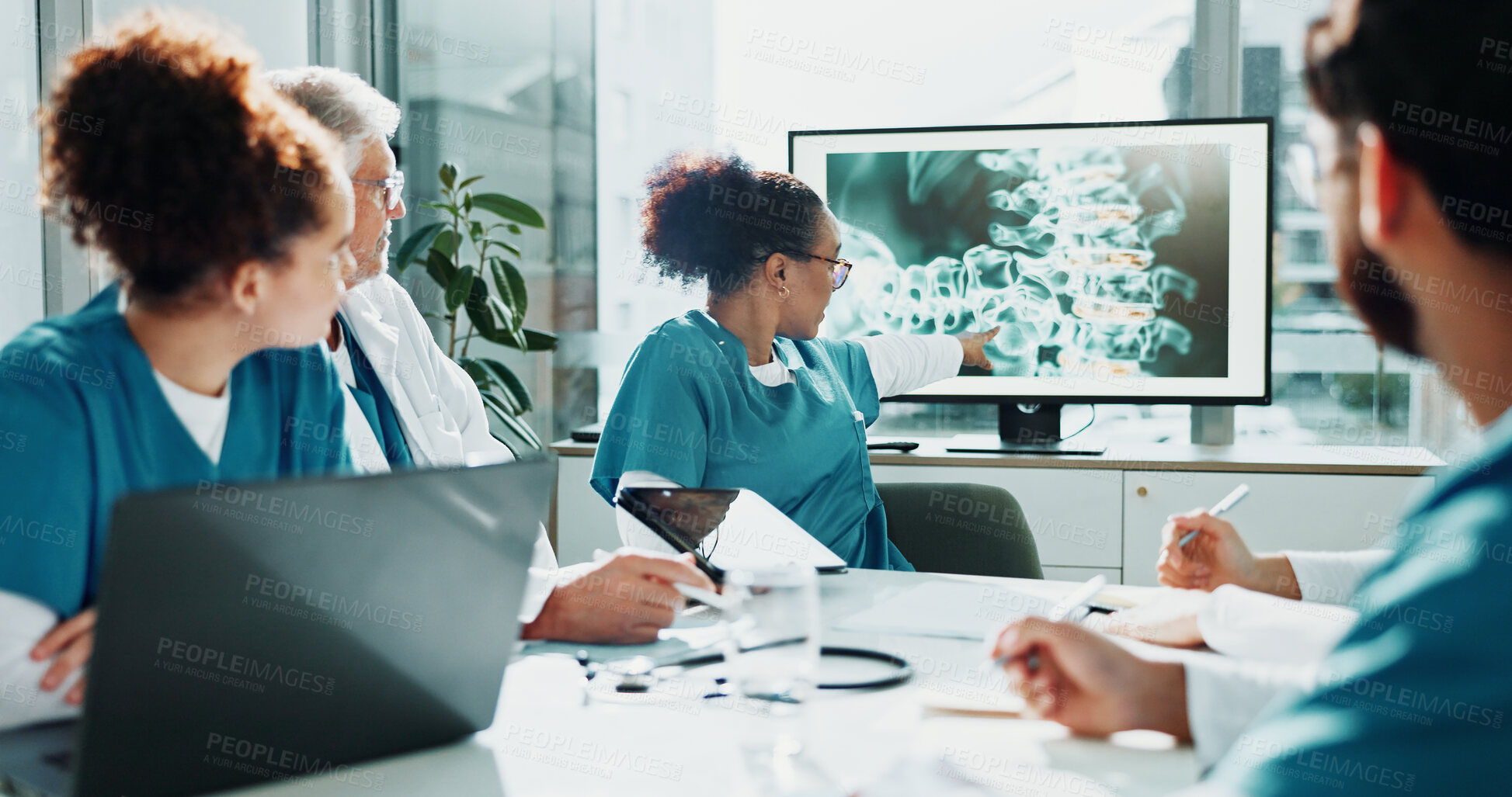 Buy stock photo Nurse, presentation and x ray in hospital with screen, pointing and medical research for diagnosis. Doctor, people and meeting in clinic with tech, anatomy scan or discovery for healthcare case study