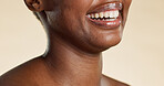 Smile, teeth and mouth of woman with dentistry, dental care and wellness for whitening routine. Happy, hygiene and person with oral care for fresh breath or cavity protection by studio background.