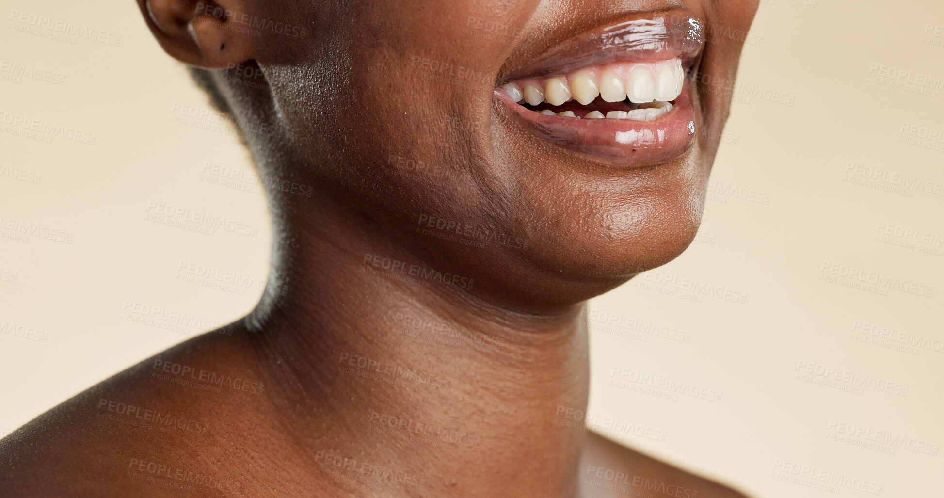 Buy stock photo Smile, teeth and mouth of woman with dentistry, dental health and wellness for whitening routine. Happy, hygiene and person with oral care for fresh breath or cavity protection by studio background.
