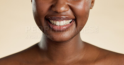 Buy stock photo Happy, teeth and mouth of woman with oral health, dental care and wellness for whitening routine. Smile, hygiene and person with dentistry for fresh breath or cavity protection by studio background.