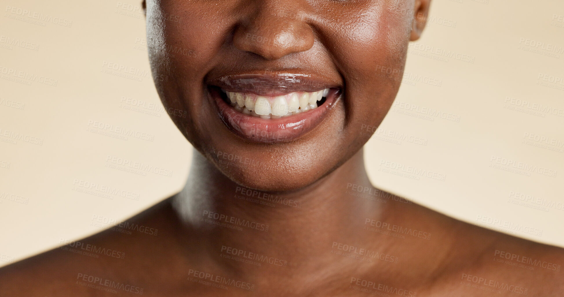 Buy stock photo Happy, teeth and mouth of woman with oral health, dental care and wellness for whitening routine. Smile, hygiene and person with dentistry for fresh breath or cavity protection by studio background.