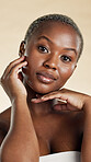 Skincare, serious and portrait of black woman with soft face, natural or facial wellness for glow. Relax, beauty and African person with dermatology for cosmetics with confidence by studio background