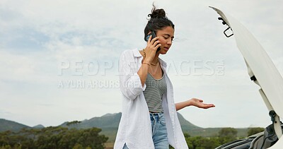Buy stock photo Woman, phone call and car breakdown for travel crisis, contact insurance or roadside assistance. Space, person and mobile chat for vehicle emergency, towing service or mechanic advice for engine fail