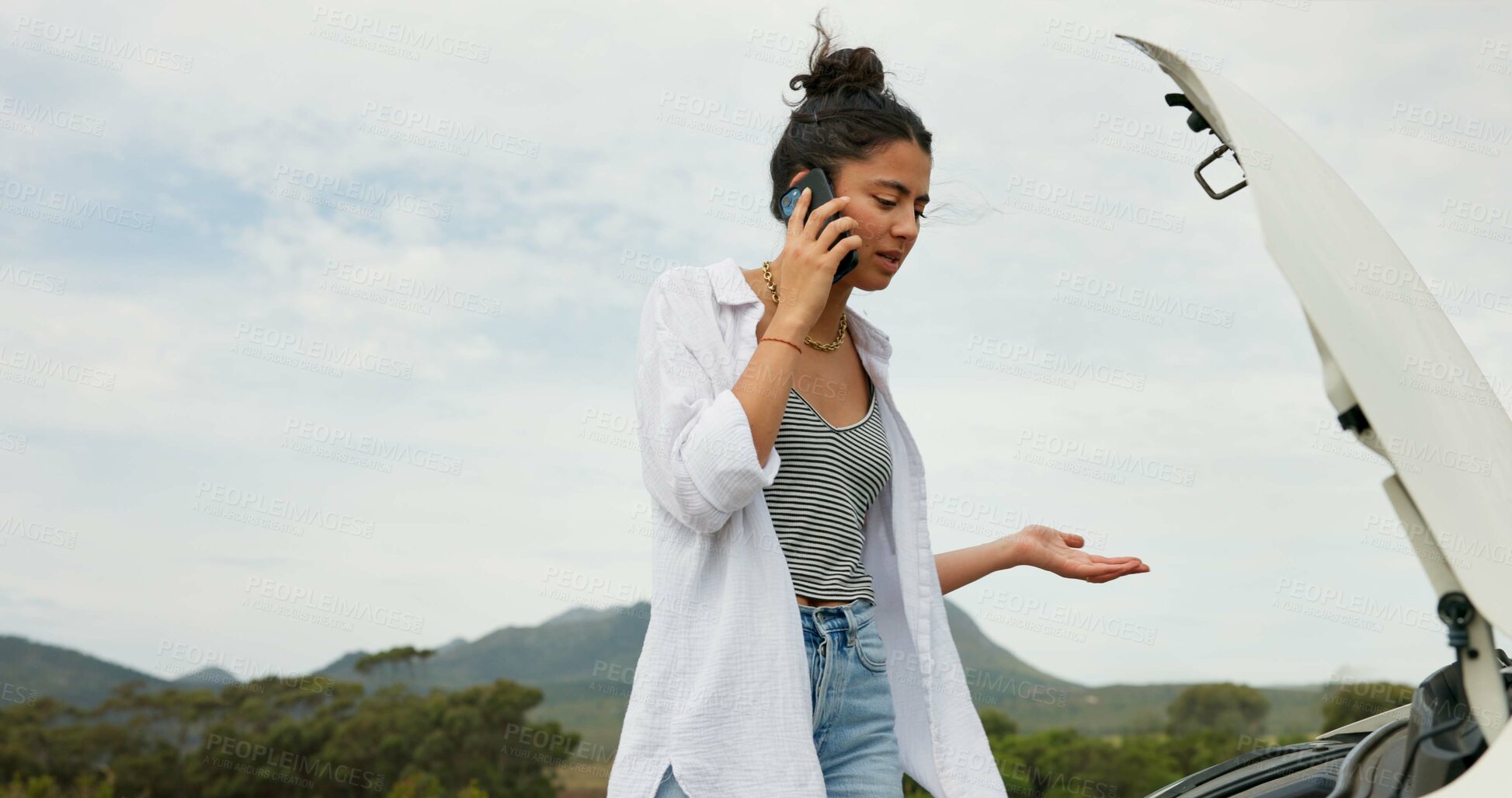 Buy stock photo Woman, phone call and car breakdown for travel crisis, contact insurance or roadside assistance. Space, person and mobile chat for vehicle emergency, towing service or mechanic advice for engine fail