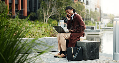 Buy stock photo Phone call, business and black woman in city with laptop for client update, feedback and contact. Corporate, computer and person on cellphone for talking, planning and discussion for online project