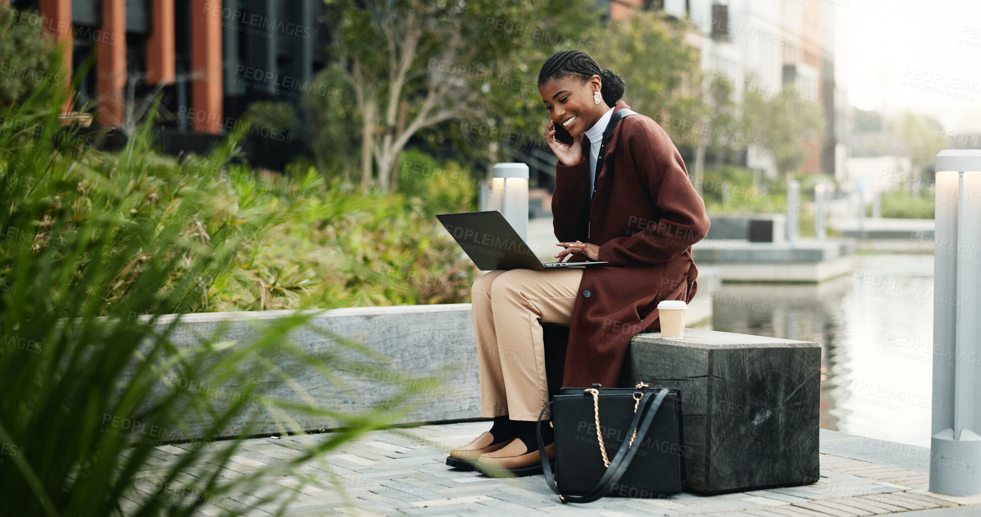 Buy stock photo Phone call, business and black woman in city with laptop for client update, feedback and contact. Corporate, computer and person on cellphone for talking, planning and discussion for online project