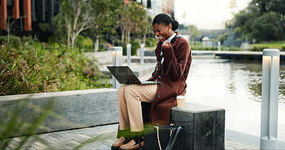 Buy stock photo Businesswoman, smile and celebration in city with laptop, remote work or success for copywriting job. Happy, black person or freelancer by canal with computer, fist pump or good news for SEO project.