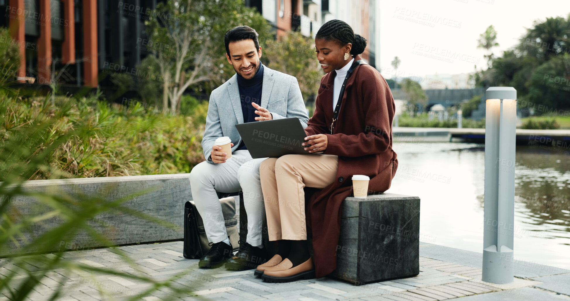 Buy stock photo Meeting, discussion and business people in city with laptop, property listing and real estate planning. Realtor, team and check housing market in urban town with computer, website and collaboration.