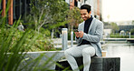 Businessman, smile and typing in city with phone, notification and email for real estate opportunity. Happy, person and realtor on bench with tech, text message and good news for urban development.