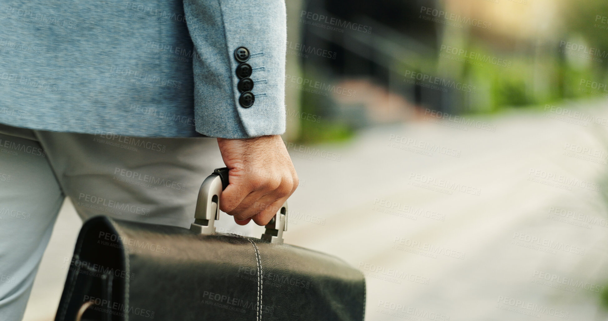 Buy stock photo Business person, hand and travel with briefcase in city, accountant and commuting to work in morning. Outdoor, financial advisor and walking with bag on street, space and employee with appointment
