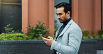 Walking, city and business man with phone for networking, email and communication on commute. Corporate, entrepreneur and person on cellphone for contact, message and connection for travel in town