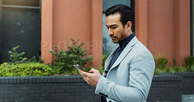 Buy stock photo Walking, city and business man with phone for networking, email and communication on commute. Corporate, entrepreneur and person on cellphone for contact, message and connection for travel in town