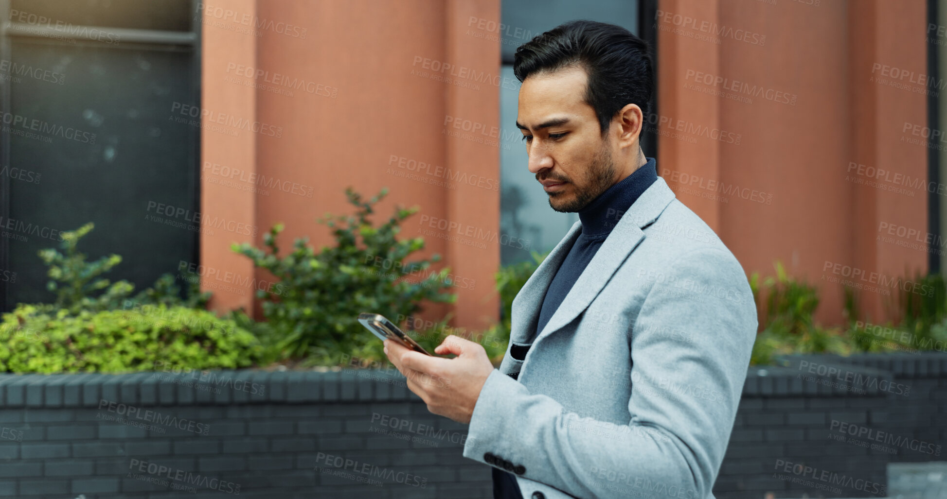 Buy stock photo Walking, city and business man with phone for networking, email and communication on commute. Corporate, entrepreneur and person on cellphone for contact, message and connection for travel in town