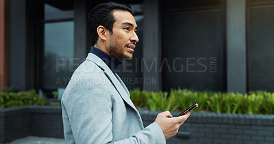 Buy stock photo Thinking, city and business man with phone for networking, email and message on commute. Corporate, entrepreneur and person on cellphone for contact, communication and update for travel in town