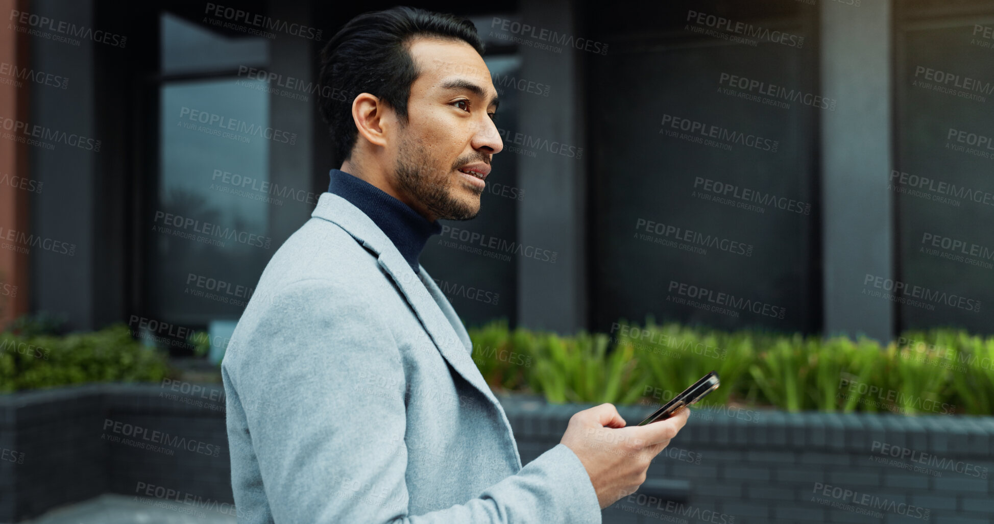 Buy stock photo Thinking, city and business man with phone for networking, email and message on commute. Corporate, entrepreneur and person on cellphone for contact, communication and update for travel in town