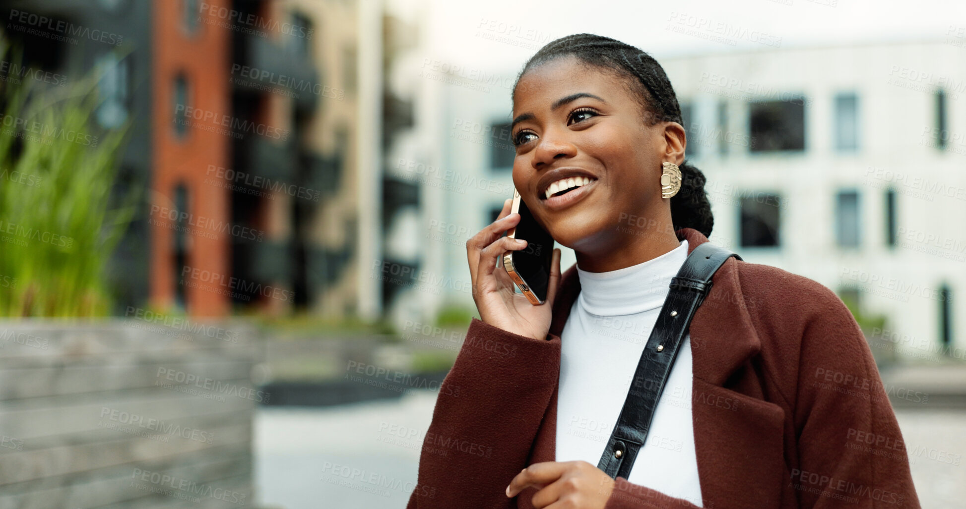 Buy stock photo Contact, business or black woman with phone call in city, settlement offer negotiation or case update. Space, consulting client or lawyer with tech for trial arrangement, smile or billing discussion