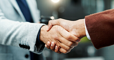 Buy stock photo Meeting, business people and handshake for agreement in city, lawsuit mediation and settlement deal. Town, cooperation and lawyers shaking hands for compromise, client negotiation and case resolution