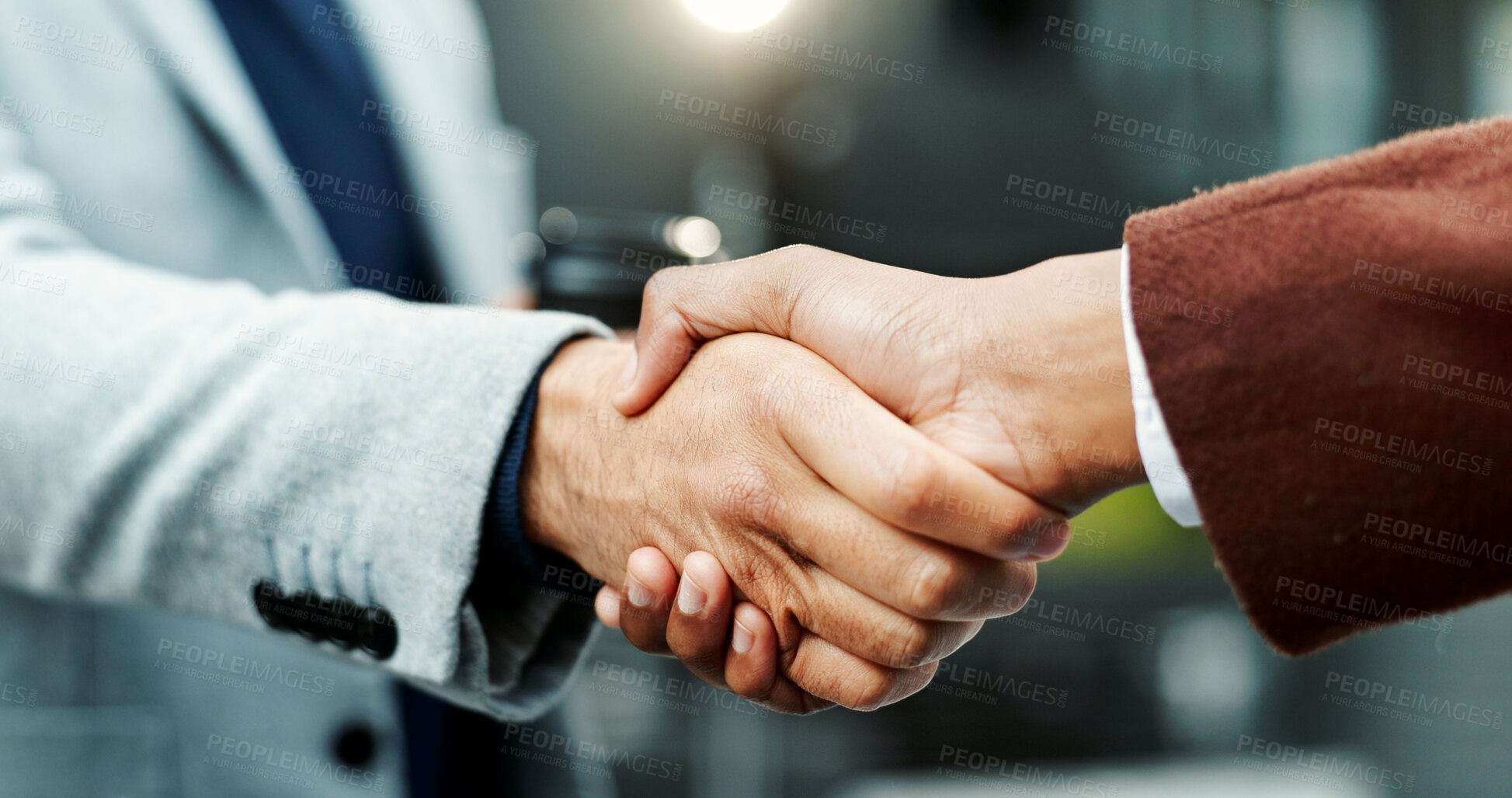 Buy stock photo Meeting, business people and handshake for agreement in city, lawsuit mediation and settlement deal. Town, cooperation and lawyers shaking hands for compromise, client negotiation and case resolution