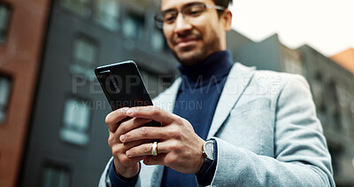 Buy stock photo Typing, city and business man with phone for networking, email and notification on commute. Corporate, low angle and person on cellphone for contact, message and finance advice for travel in town