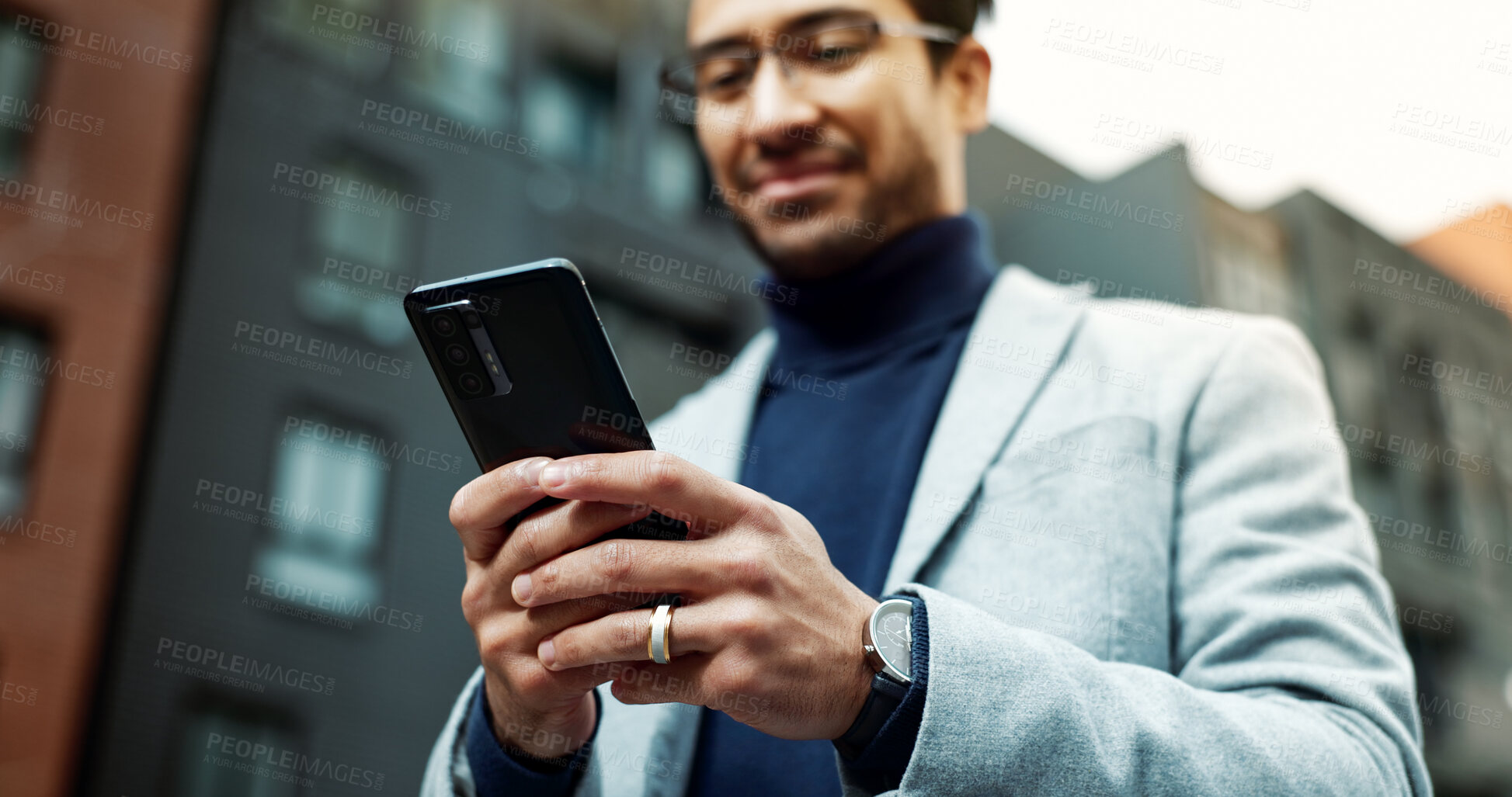 Buy stock photo Typing, city and business man with phone for networking, email and notification on commute. Corporate, low angle and person on cellphone for contact, message and finance advice for travel in town