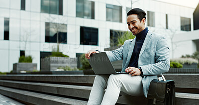Buy stock photo Happy, businessman and stairs with laptop in city for outdoor network, email or productivity. Man, employee or travel with smile or computer on staircase for work trip or commute in an urban town