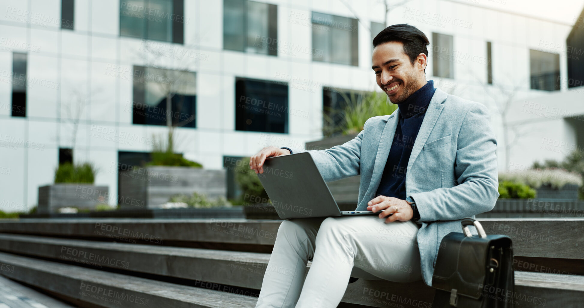 Buy stock photo Happy, businessman and stairs with laptop in city for outdoor network, email or productivity. Man, employee or travel with smile or computer on staircase for work trip or commute in an urban town