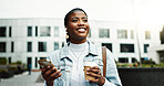 Coffee, business and black woman in city with earphones for music, thinking and morning commute. Happy, travel and person walking with cellphone for streaming audio, podcast and playlist in town